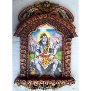 Lord Shiva Hindu God sitting in Himalaya Poster Painting in wood craft 