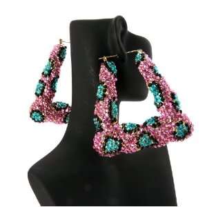   Wives Rhinestone Bamboo Earrings Pink Leopard HE2019LE03 Jewelry