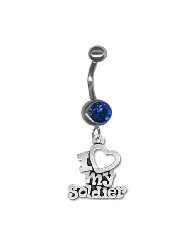 Sterling Silver I Love My Soldier Military Belly Ring with Dark Blue 