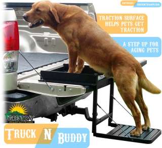 Pets get into truck beds easier with this all purpose tailgate step