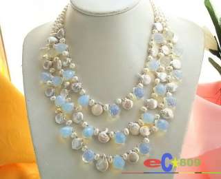 3ROW WHITE ROUND COIN PEARL NATURE OPAL DRIP NECKLACE  