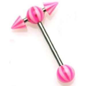  Tongue Ring Piercing with Pink and White Striped Spikes 