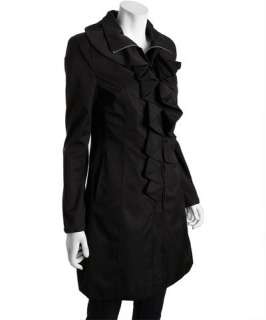 Elie Tahari black sateen Leena hooded ruffle zip front coat