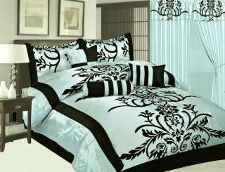 7pc ICE BLUE & BLACK Faux Silk Comforter Set KING size  