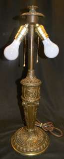 ANTIQUE 20s BRONZED METAL 8 PANEL 19 SLAG GLASS LAMP  