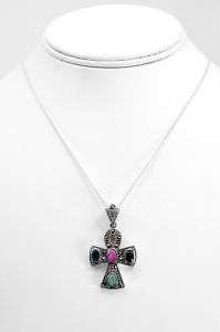 Silver Marcasite Ruby Emerald Sapphire Cross Pendant  