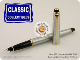 HERO Fountain Pen Stainless Steel 12K Gold Nib GT Pens  