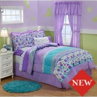Purple, White & Lime Green Gingham Polka Dot Full Comforter Set (8 