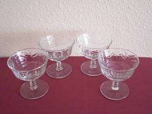 Set of 4 Clear Etched Cut Glass Sherbert Dishes Bowls  