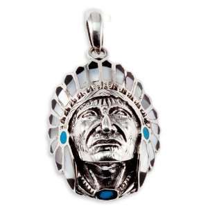    925 Silver American Indian Head Turquoise Onyx Pendant Jewelry