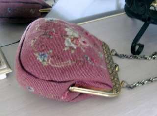 Deep PINK w PINK ROSES 1940s GORGEOUS Vintage NEEDLEPOINT PURSE 