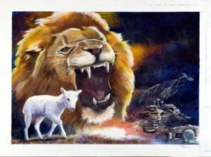 Watercolor artist Giclee sgnd print Lion Lamb Easter  