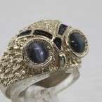 Custom 14k Gold Owl Hawk Eye Estate Ring Jewelry  