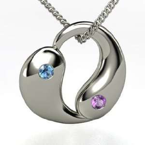  Yin Yang Heart, Sterling Silver Necklace with Blue Topaz 