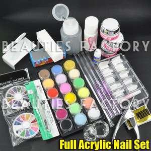 Premium Acrylic Nail Set : Powder Liquid Tip Gems File Clipper Brush 