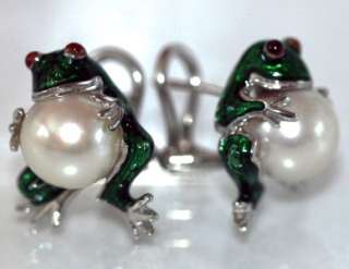 18k white gold frog shape green red enamel cultured 10 mm pearl 