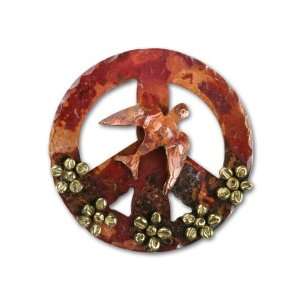  Large Copper Peace Sign Pendant with Dove and Flowers 