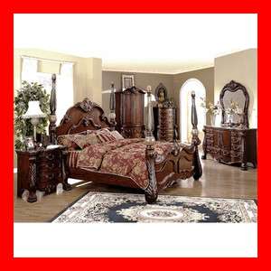 Traditional Dark Cherry Queen King Sleigh Marble Poster Bed 4 Pc 