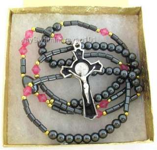   Medal Cross Black Hematite Beads Pink Acrylic bi cone beads Necklace