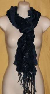   navy blue fringe elastic silver scarf rayon stretch wrap $58  