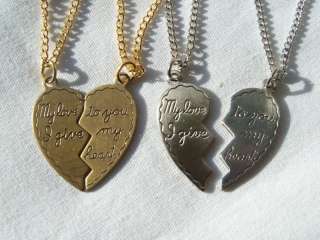 Silver or Antique Gold Split Heart Necklace of Love 2pc  