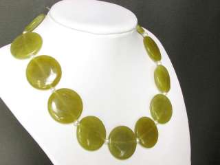 Necklace Olive Jade Large 30mm Flat Round Stones 925  