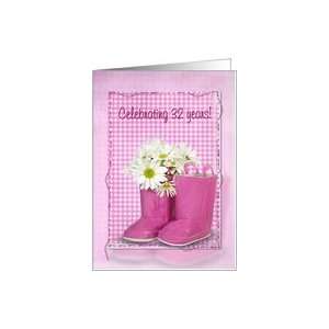  32nd birthday, boots, daisy, gingham, birthday, pink Card 