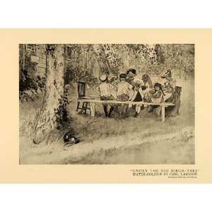  1920 Print Big Birch Tree Family Picnic Table Lunch Art 