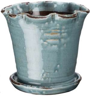 Pair Round Blue Brown Glazed Ceramic Flower Pot Planter  