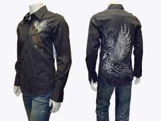 MEN Dress Shirt,Horse w/Wings w/Rhinestone Stripe Bk L  
