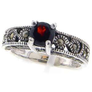   Sterling Silver Round Cut Garnet and Swiss Marcasite Ring Jewelry