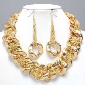   Chain Link Bib Statement Earrings Necklace Set Costume Jewelry  