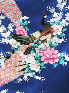 Fab Quliting dressmaking Blue Satin Kimono Fabric peacock Print by The 