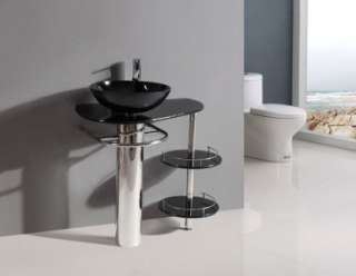 BLACK SERIES Bathroom Solid Black Glass Vessel Sink & Vanity w/ Faucet 