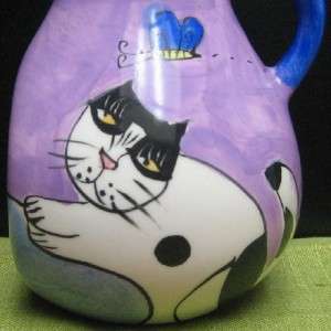 HAND PAINTED COLORFUL CERAMIC RETRO DESIGN PITCHER W CAT & BUTTERFLY 
