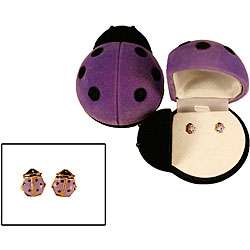 14k Gold Purple Ladybug Childs Earrings with Ladybug Box   