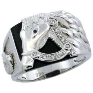 Sterling Silver Mens Black Onyx Horse Ring w/ CZ Stones, 9/16 in. (14 