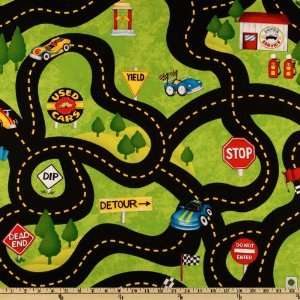  44 Wide Little Hot Rod Roadway Black/Lime Fabric By The 