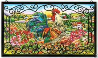 ROOSTER & HEN * SUNFLOWERS ROOSTERS STAINED GLASS PANEL  
