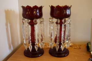 Pair Cranberry Enameled Bohemian glass Lusters by Moser  