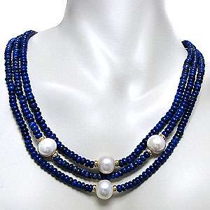DaVonna 14k Yellow Gold Blue Lapis and FW Pearl Necklace (11 12 mm 