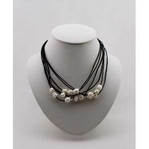  Womens White Baroque Pearl Necklace 17 Inch Black Leather 