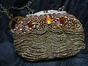 Mary Frances Amber Gold beaded jeweled handbag evening bag Retired 