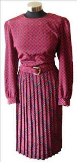   70s 80s Pleated belted dress RED print mad men L XL 10 12  