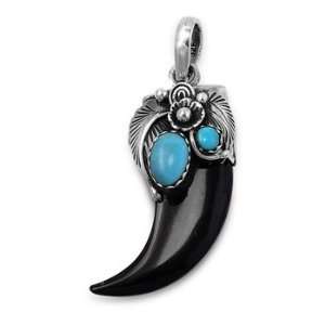    Sterling Silver Bone Horn Leaf w/ Turquoise Stones Pendant Jewelry
