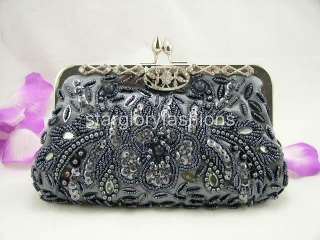 Silver Gray Beaded Sequin Evening Purse Clutch Jeweled Frame EC 0329