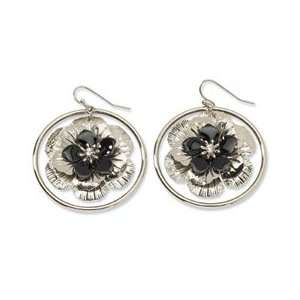 Silver tone Clear Crystal and Black Enameled Flower Dangle 