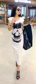 New Korea Women Shining Diamond Skull long dress White  