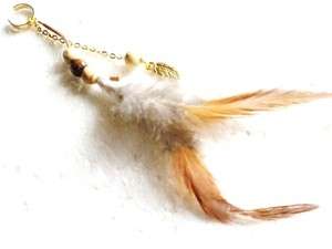 Ear Wrap Earrings Cuff Gold Plated Feathers Feathered Tan w Wood Beads 