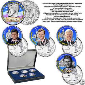 Kennedy Tribute 5 piece Colorized Coin Collection NEW  